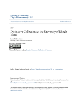 Distinctive Collections at the University of Rhode Island Karen Walton Morse University of Rhode Island, Kwmorse@Uri.Edu Creative Commons License