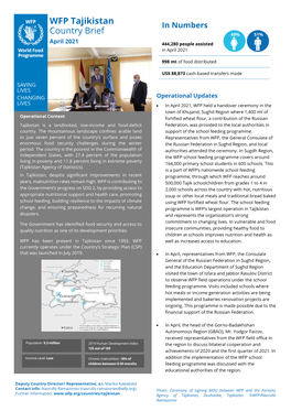 WFP Tajikistan Country Brief April 2021 • the Total Net Funding Requirements of the CO for the Period of May – October 2021 Stand at USD 0.1M