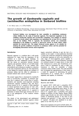 The Growth of Gardnerella Vaginalis and Lactobacillus Acidophilus in So R Barod B Iof I I Ms