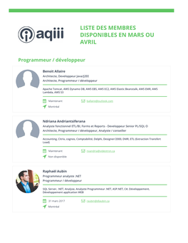 Liste Des Membres Disponibles En Mars Ou Avril