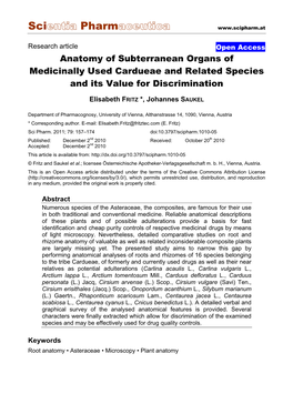Anatomy of Subterranean Organs of Medicinally Used Cardueae and Related Species and Its Value for Discrimination