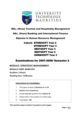 STRATEGIC MANAGEMENT MODULE CODE: MGMT2301 Duration: 2 Hours Reading Time: 10 Minutes