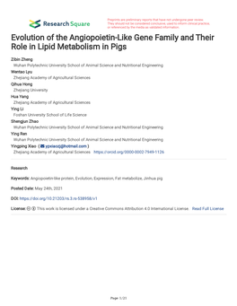 Evolution of the Angiopoietin-Like Gene Family and Their Role in Lipid Metabolism in Pigs