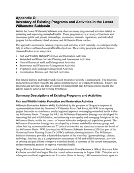 Appendix O Inventory of Existing Programs and Activities in The