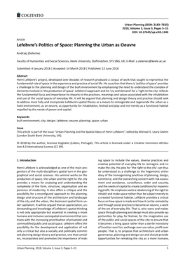 Lefebvre's Politics of Space: Planning the Urban As Oeuvre