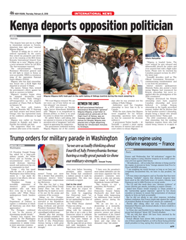 46 NEW VISION, Thursday, February 8, 2018 INTERNATIONAL NEWS Kenya Deports Opposition Politician