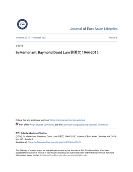 Journal of East Asian Libraries in Memoriam: Raymond David Lum