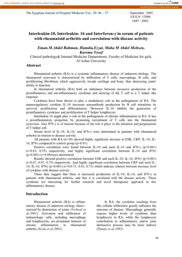 Interleukin-10, Interleukin- 16 and Interferon-Γ in Serum of Patients with Rheumatoid Arthritis and Correlation with Disease Activity