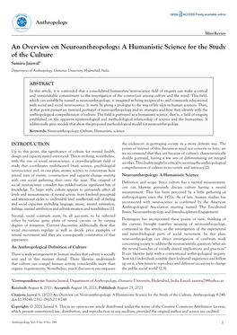An Overview on Neuroanthropology: a Humanistic Science for the Study of the Culture Samira Jaiswal* Department of Anthropology, Osmania University, Hyderabad, India