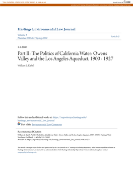 Part II: the Politics of California Water: Owens Valley and the Los Angeles Aqueduct, 1900 - 1927, 6 Hastings West Northwest J