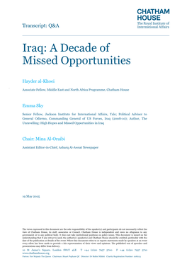 Iraq: a Decade of Missed Opportunities