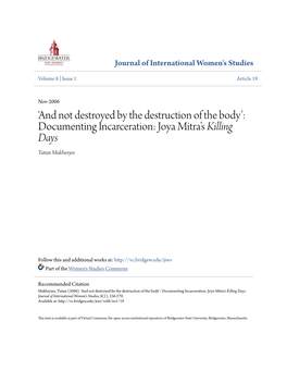 Documenting Incarceration: Joya Mitra’S Killing Days Tutun Mukherjee