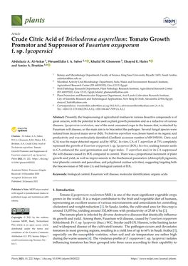 Crude Citric Acid of Trichoderma Asperellum: Tomato Growth Promotor and Suppressor of Fusarium Oxysporum F