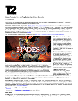 Hades Available Now for Playstation® and Xbox Consoles
