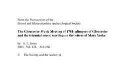 Glimpses of Gloucester and the Triennial Music Meetings in the Letters of Mary Yorke by A