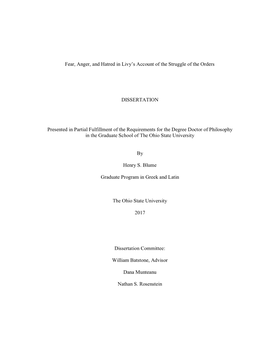 Fear, Anger, and Hatred in Livy's Account of the Struggle of the Orders DISSERTATION Presented in Partial Fulfillment of the R