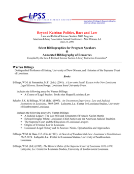 Politics, Race and Law Law and Political Science Section 2006 Program American Library Association Annual Conference – New Orleans, LA June 24, 2006