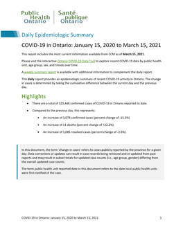 COVID-19 in Ontario: January 15, 2020 to March 15, 2021