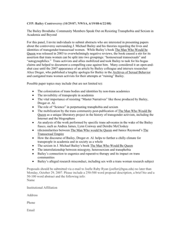 CFP: Bailey Controversy (10/29/07; NWSA, 6/19/08-6/22/08)