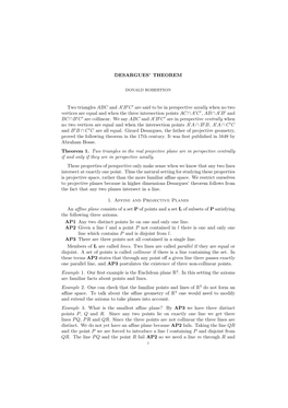 DESARGUES' THEOREM Two Triangles ABC and a B C Are Said To