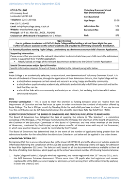 Foyle College Admissions Criteria 2021-2022