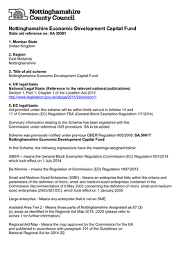 Nottinghamshire Economic Development Capital Fund State Aid Reference No: SA 39381