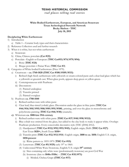 White Bodied Earthenware, European, and American Stoneware Texas Archeological Stewards Network Becky Shelton - THC July 18, 2015