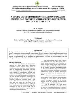 A Study on Customer Satisfaction Towards Online Cab Booking with Special Reference to Coimbatore City