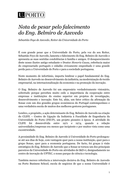 Nota De Pesar Pelo Falecimento Do Eng. Belmiro De Azevedo