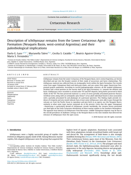 Description of Ichthyosaur Remains from the Lower Cretaceous Agrio Formation (Neuquen� Basin, West-Central Argentina) and Their Paleobiological Implications