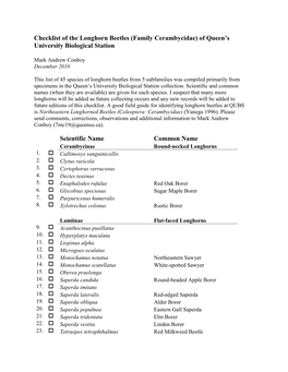 Longhorn Beetles (Family Cerambycidae) of Queen’S University Biological Station