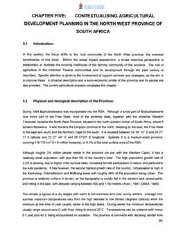 Chapter Five: Contextualising Agricultural Development Planning in the North West Province of South Africa