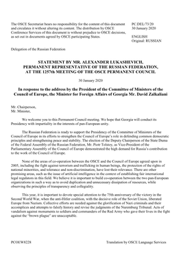 STATEMENT by MR. ALEXANDER LUKASHEVICH, PERMANENT REPRESENTATIVE of the RUSSIAN FEDERATION, at the 1257Th MEETING of the OSCE PERMANENT COUNCIL