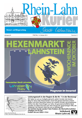 Jahrgang 54 FREITAG, 10. Oktober 2014 Nummer 41 Rhein-Lahn-Kurier 2 Nr
