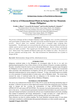 A Survey of Ethnomedicinal Plants in Surigao Del Sur Mountain Range, Philippines