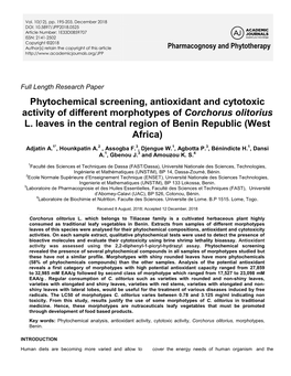 Phytochemical Screening, Antioxidant and Cytotoxic Activity of Different Morphotypes of Corchorus Olitorius L