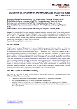 Speciticity of Exploitation and Maintenance of Electric Buses in Ctc Belgrade