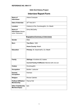 GAA Oral History Project Interview Report Form