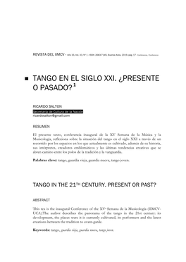 Tango En El Siglo Xxi. ¿Presente 1 O Pasado?