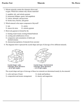 Practice Test Minerals Ms. Pierce