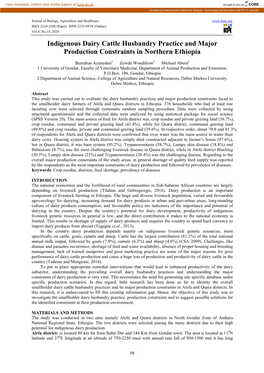 Indigenous Dairy Cattle Husbandry Practice and Major Production Constraints in Northern Ethiopia