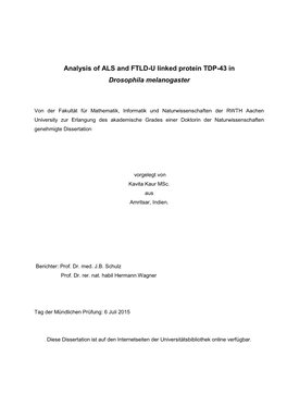 Analysis of ALS and FTLD-U Linked Protein TDP-43 in Drosophila Melanogaster