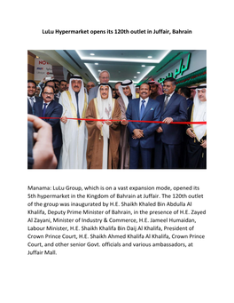 Lulu Hypermarket Opens Its 120Th Outlet in Juffair, Bahrain Manama