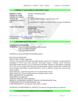 Material Safety Data Sheet - “Liquid Nitrogen”