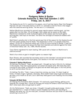 Postgame Notes & Quotes Colorado Avalanche 2, New York Islanders 1