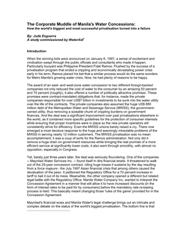 The Corporate Muddle of Manila's Water Concessions: How the World's Biggest and Most Successful Privatisation Turned Into a Failure