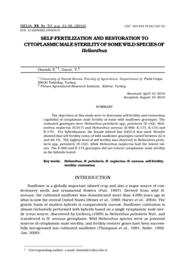 SELF-FERTILIZATION and RESTORATION to CYTOPLASMIC MALE STERILITY of SOME WILD SPECIES of Helianthus