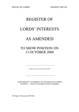 Register of Lords' Interests As Amended