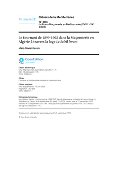 Cahiers De La Méditerranée, 72 | 2006 Le Tournant De 1899-1902 Dans La Maçonnerie En Algérie À Travers La Loge Le S