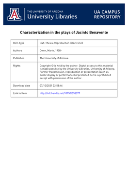 CHARACTERI&ATIOK in the PLAYS of JACINTO BENAYENTE By